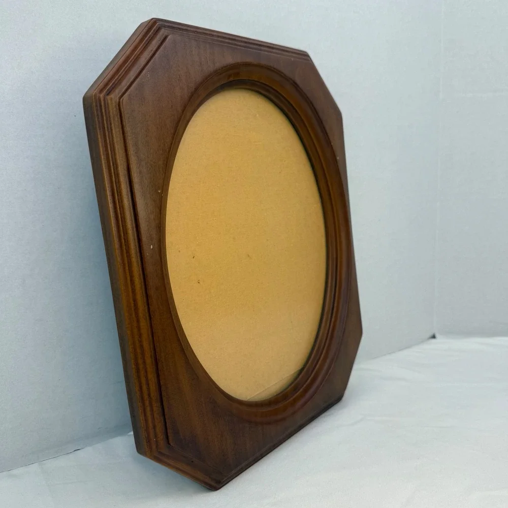Vintage Octagon Wood Picture Frame Oval Opening Brown Wall Decor 9.5x12.5